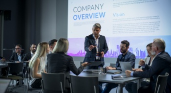 A group of employees sit around a table in a meeting