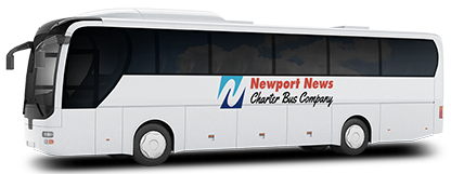 a plain white charter bus with a newport news charter bus company logo on it